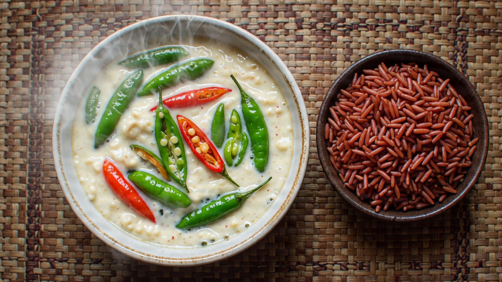 A steaming bowl of Ema Datshi (chili and cheese stew) served with red rice.