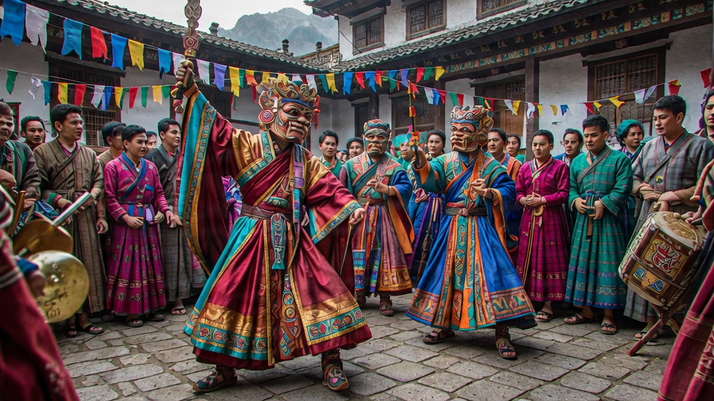 Vibrant Bhutanese Tshechu festival dancers with traditional masks and garments