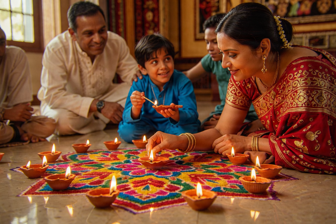 Vibrant Diwali celebration with oil lamps and festive fireworks