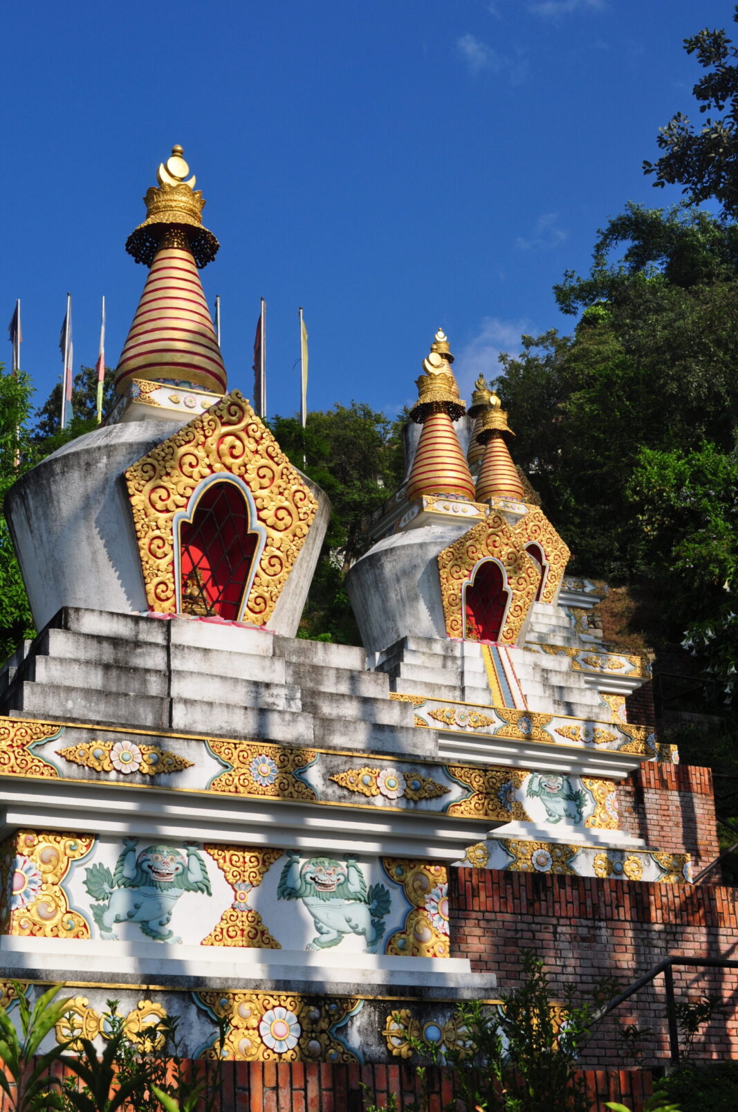 Buddhist stupas at the sacred Namo Buddha pilgrimage site in Nepal.